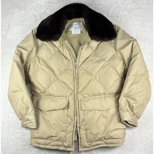 Schott Vintage 70s Tan Goose Down Jacket Fur Collar L NYC Finest Insulation USA